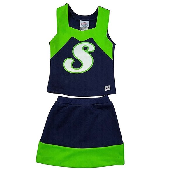 NEW Child Cheerleader Uniform Outfit Costume Neon Green Navy Blue Girls Youth M - Picture 2 of 8